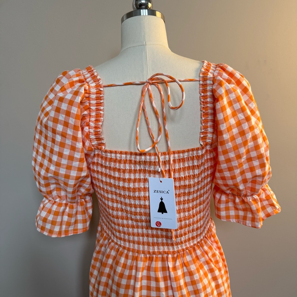 Zesica Orange Checkered Midi Dress with Puff Sleeves - Picture 12 of 15